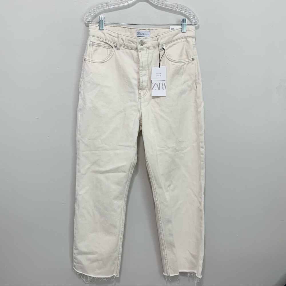 NWT Zara Hi-Rise Cream Wide Leg Raw Hem Jeans